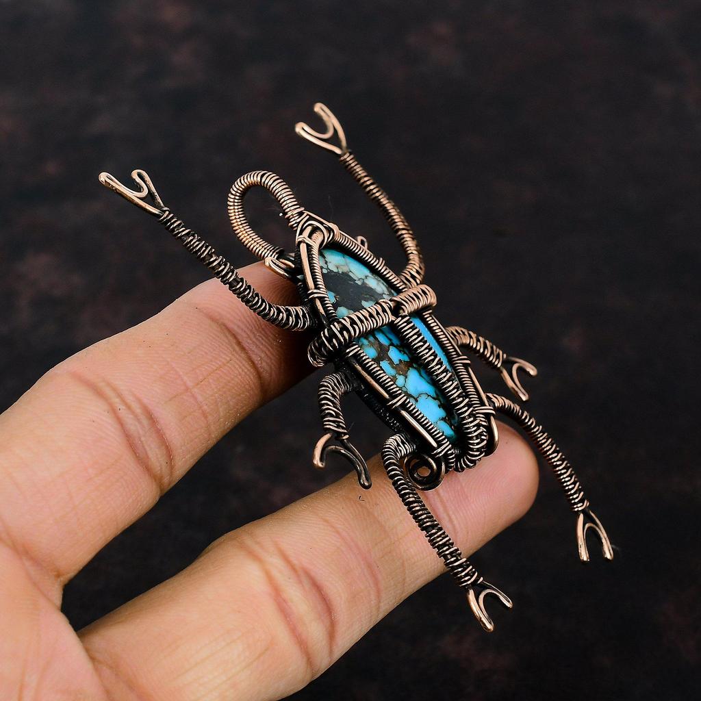 Tibetan Turquoise Pendant Copper Wire Wrapped Pendants Genuine Gemstone Pendant Copper Wire Jewelry Handmade Pendant Beetle Pendant For Gift