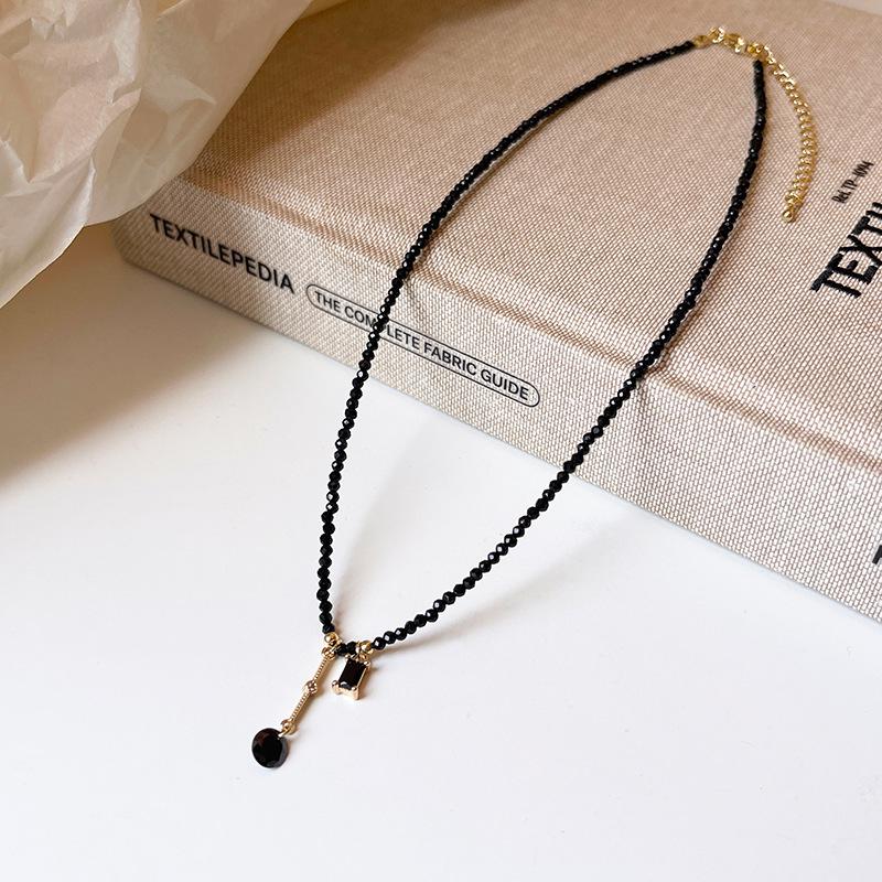 French Luxury Black Crystal Tassel Pendant Necklace