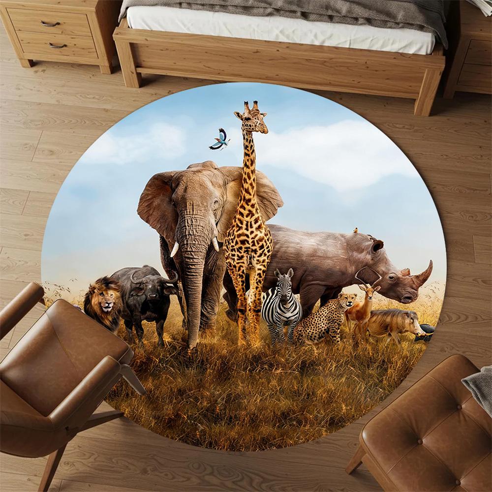 1pc African savannah animals Round Chair mat office Area Rug - Non-Slip, Floor Mat for Office, Bedroom, and Indoor Decor p127216