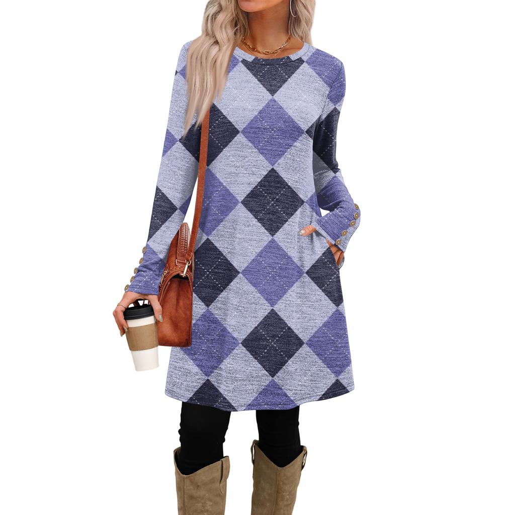 Damenmode Freizeitkleid mit Taschen, dekorativen Knöpfen, Rundhalsausschnitt und langen Ärmeln