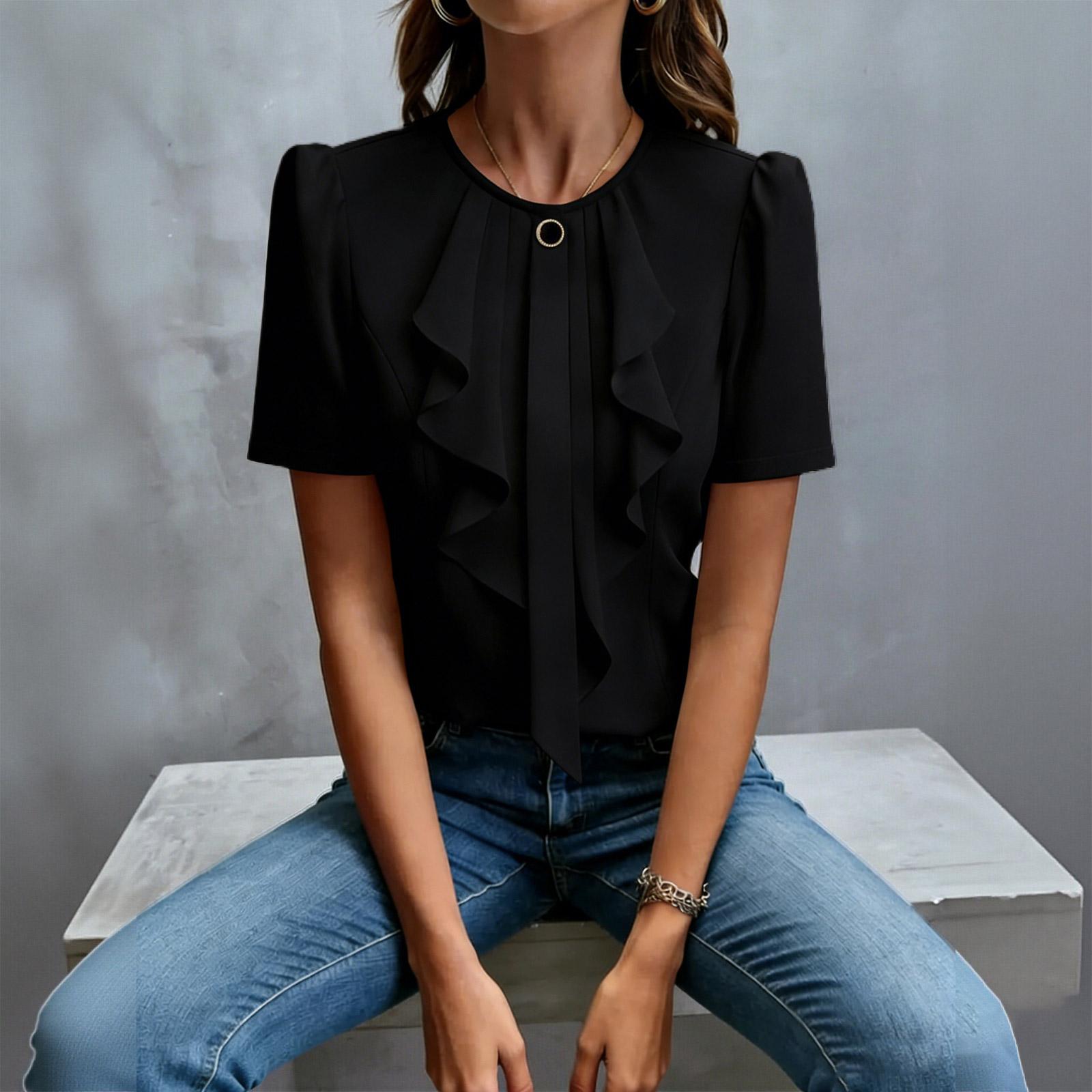 

Women s Summer Short Sleeve Blouse Ruffled Front Detail Round Neck Lightweight Casual Shirt Top for Daily Wear M чёрный