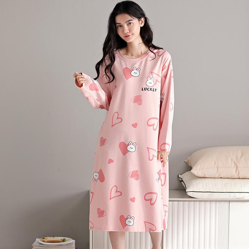 

Autumn new pajamas cotton long sleeves medium and long loose pajamas women s sweet dresses home spot M