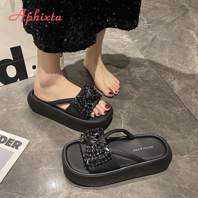 Aphixta New Women's Crystal Wedge Sandals Slip-On Platform Shoes with Thick Heel Summer Slides Casual Comfortable Beach Shoes