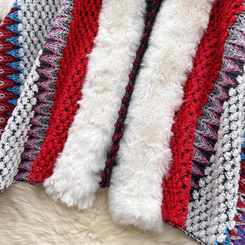 Chic Ethnic Style Color Collision Shawl Sweater Jacket Women Patchwork Soft Warm Hairball Cape Cloak  Knitted Cardigan