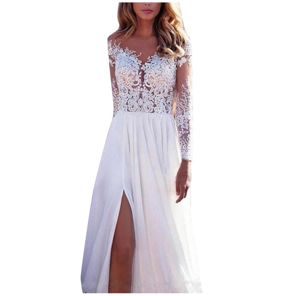 Women's Sexy Long Sleeve See-Through Lace Wedding Bridesmaid Dresses Open Dress