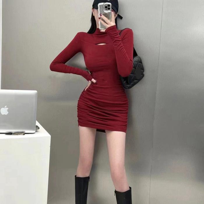 

Sweet Spice Girl Black Long Sleeve Dress Women s Autumn and Winter New Waist Bottom Short Skirt Pure Desire Wind Hip Wrap Skirt S бордовый