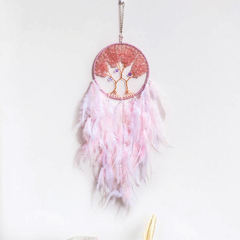 Tree of Life Dream Catcher Handmade Pink Gravel Wall Hangings Feather Craft Home Decor Wind Chimes DreamCatchers Room Decorate