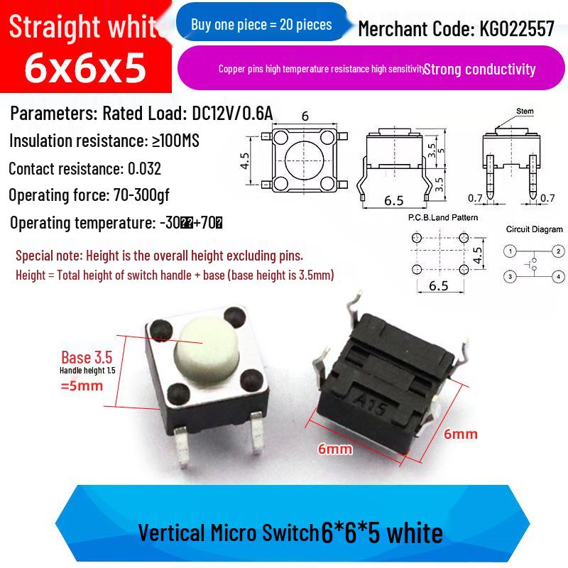 4-Pin Vertical Micro Touch Button Switch for Induction Cooker, 6x6x5mm SMD