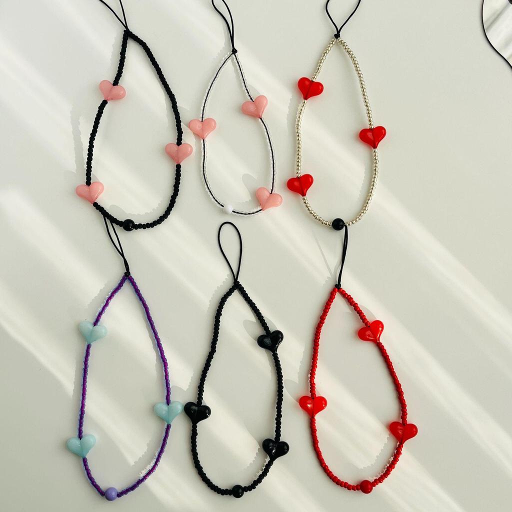 Korean Rosé Phone Lanyard: Black Heart & Peach Beaded Wrist Chain