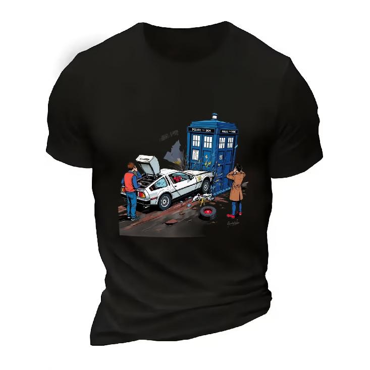 An Interesting Time Travel Crossover T-Shirt Featuring The Iconic Delorean And TARDIS Collision Design