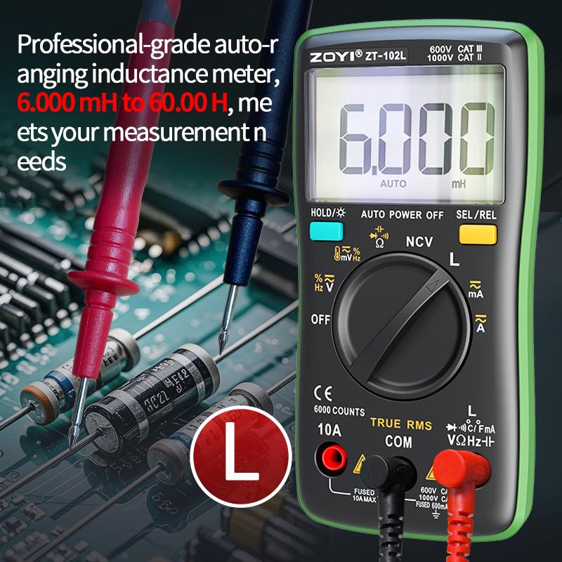 ZOYI 102L High Precision Inductance Meter & Multimeter Tester, True RMS, 6000 Counts, 60H, AC/DC Current/Voltage Tester