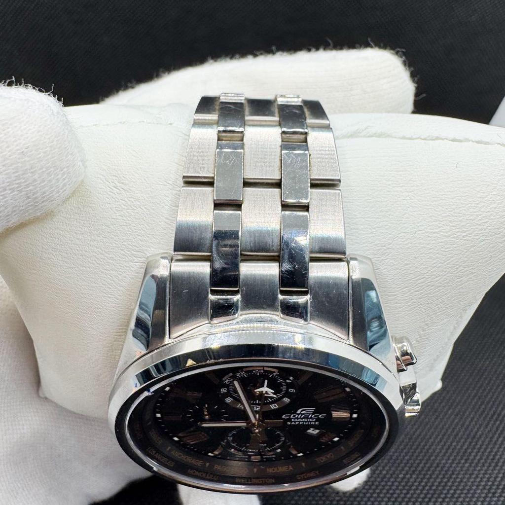 Used CASIO EDIFICE Watch Chronograph World Time Date Black Case With Links Made In Japan