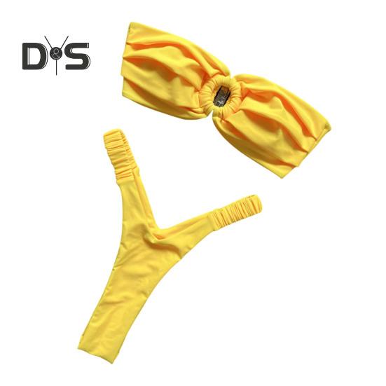 

2 шт./компл. женский комплект бикини сексуальный плиссированный однотонный бюстгальтер бандо с высокой талией плавки комплект пляжный купальник S жёлтый