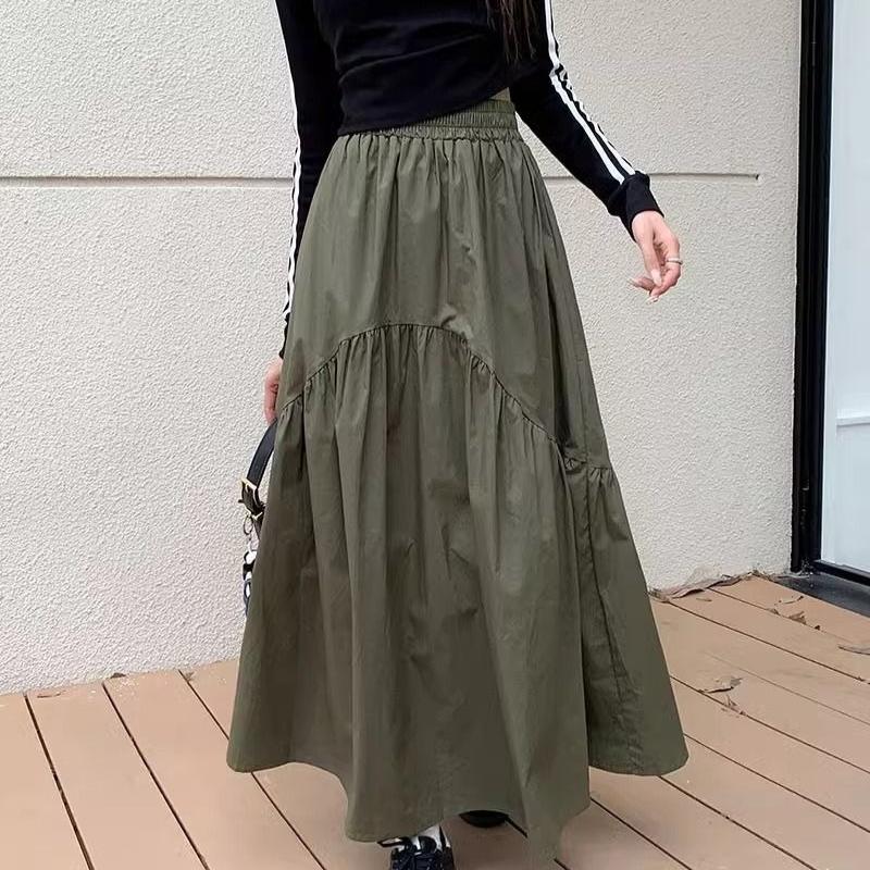 Spring New Elastic High Waist Fashion Loose Long Skirts Women Pleated Patchwork Summer A-line Skirt Female Elegant Temperament Simple Lady Skirt 26290