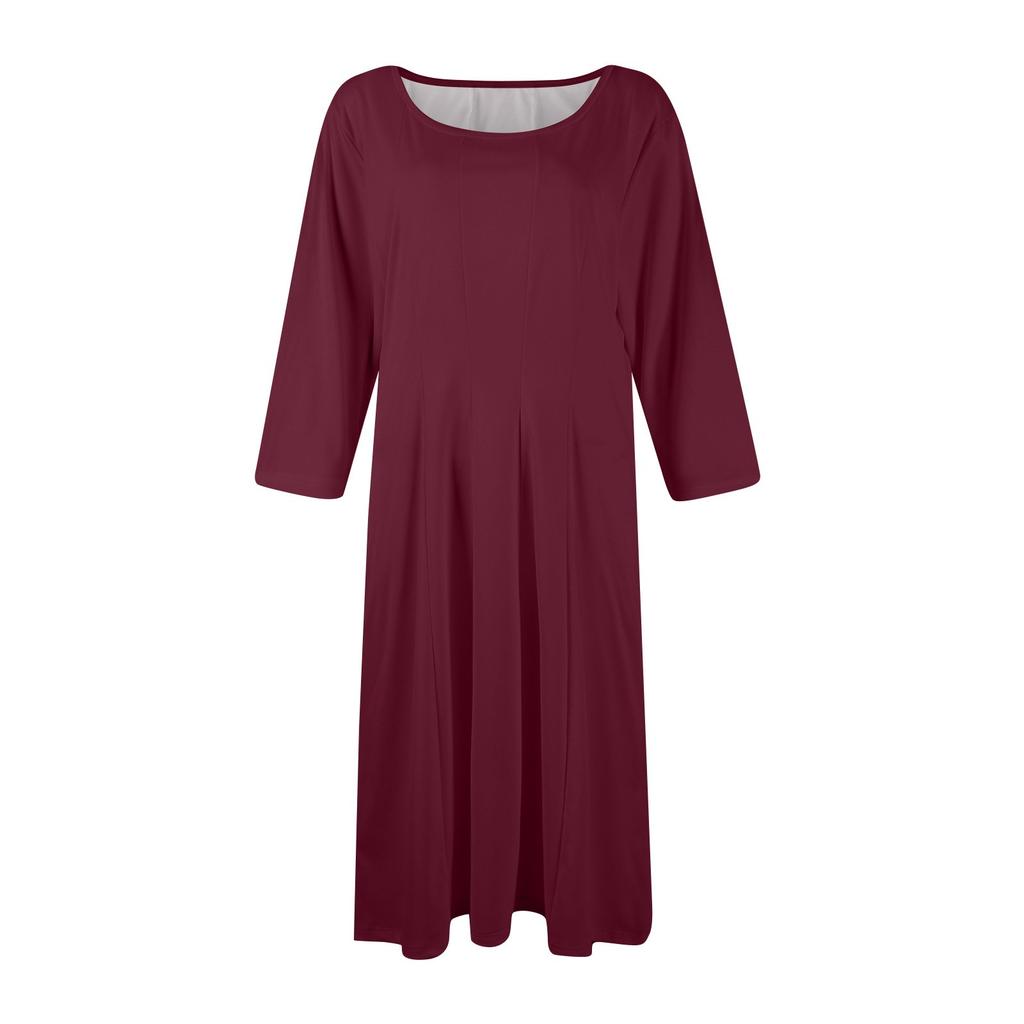 Women's Casual Fashion Round Neck Three Quarter Sleeve Solid Color Midi Dress