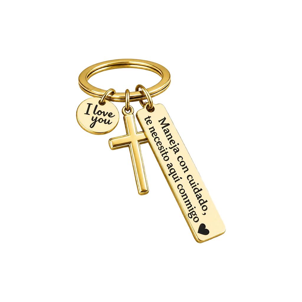 Cross Keychain Safety Reminder Rectangular Car Pendant Inspirational Message Keyring for Daily Use Durable Metal Material