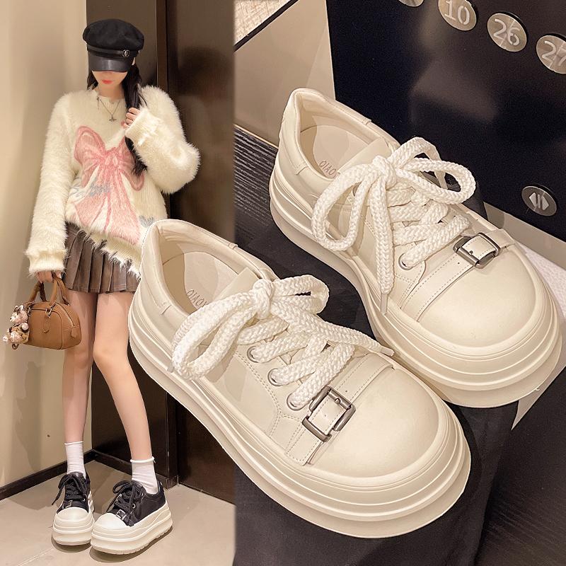 Fashion 2025Women Leather Flat Shoes Autumn New Fashion Breathable Vulcanized White Sports Lace Up Thick Soled Casual Shoes for Women