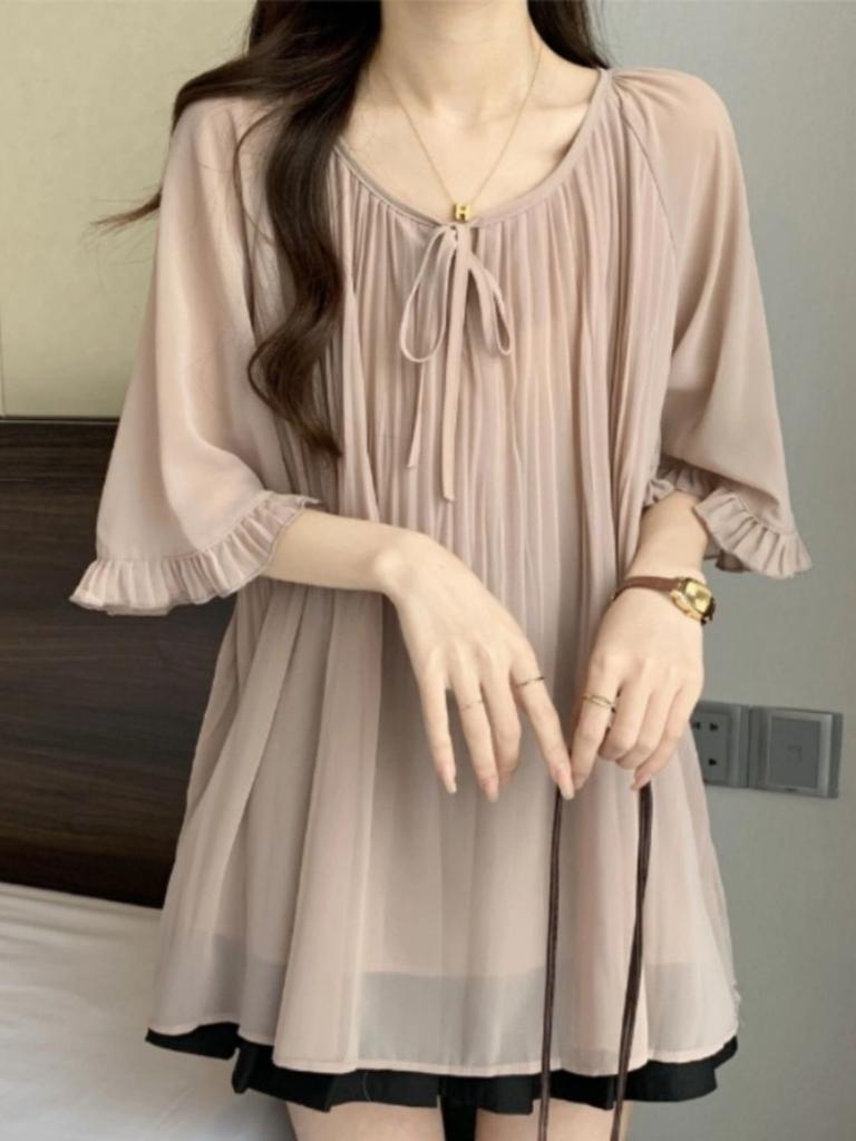 Women's Plus Size Summer French Style Slimming Loose Blouses Lantern Sleeve Chiffon Shirt Button up Tops T-shirts