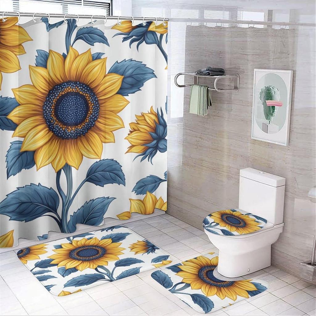 Bathroom Curtain And Rug Set, Sunflower Pattern Printed On Shower Curtain And Bath Mat Set, Designed For Farmhouse Contemporary