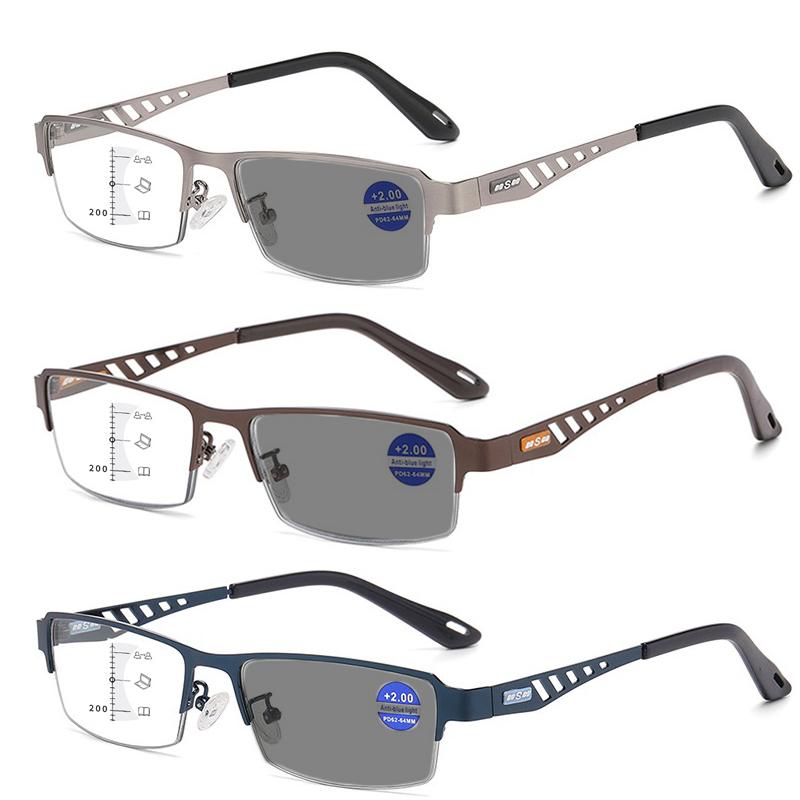 Metal Frame Pochromic Glasses Trendy Business Multifocal Reading Glasses Women Men Half Frame Color Changing Presbyopia