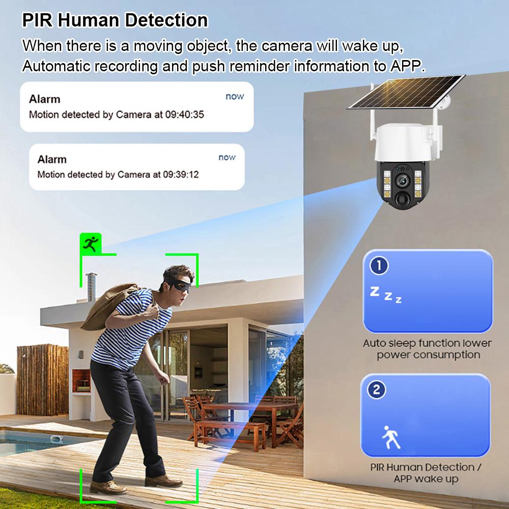Solar-powered Surveillance Camera, Outdoor Waterproof, Wide-angle 10x Zoom, WIFI/4G Automatic Tracking Security Camera