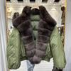 Womens Short Down Coat With Real Fox Fur Collar 90% White Duck Fill V-Neck Mid-Length Winter Outerwear