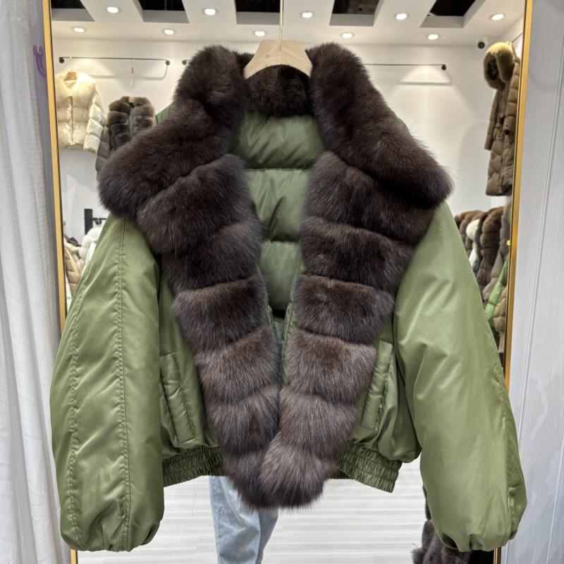 Womens Short Down Coat With Real Fox Fur Collar 90% White Duck Fill V-Neck Mid-Length Winter Outerwear