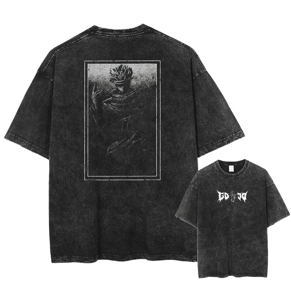 Japan Anime Jujutsu Kaisen Gojo Satoru Print Washed Tshirt Men High Quality Cotton T-shirts Manga Casual T Shirt Harajuku Tops