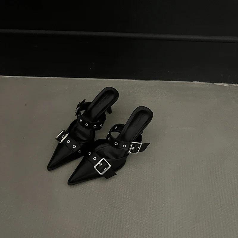 Fashion Rimocy Punk Goth Metal Buckle High Heels Women's Sandals Summer Pointed Toe Silver Party Shoes Fashion Womens Pumps Shoes