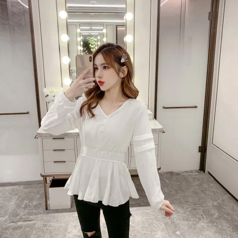 Nipped Waist Ruffled Uzun Kollu Şifon Gömlek Kadın Şifon Bluz Düz Pileli Kloş Kollu Üst Kadın