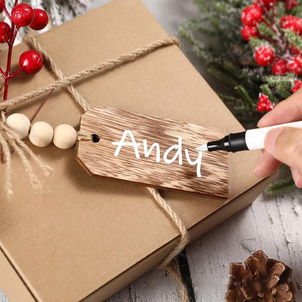 12Pieces Customizable Wood Nameplates Christmas Stocking Hanging Name Tagged with Wood Beads for DIY Home Decorations