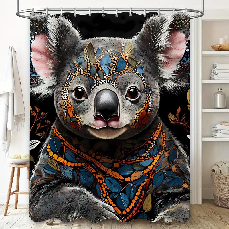 Koala Bath Curtain Animal Print Shower curtain Fabric Home Decor Wall Hanging Bathroom Decoration with Beads Leaves Pattern for