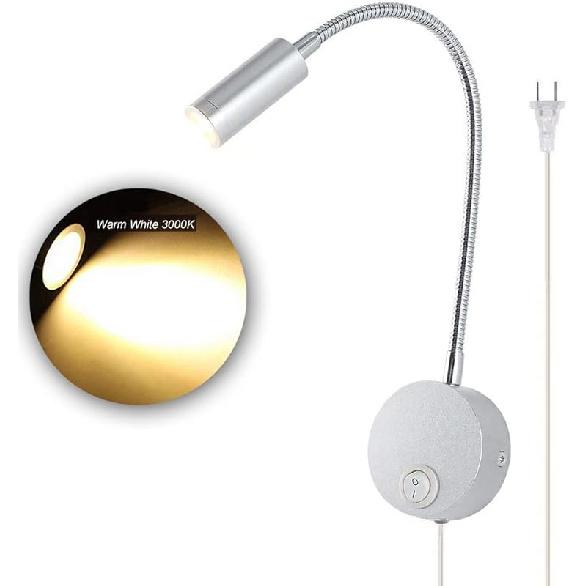 3W LED Bedside Reading Light Flexible Gooseneck Book Lamp Wall Mount Headboard Spotlight with Plug and On/off Switch for Working, Study, Art Display
