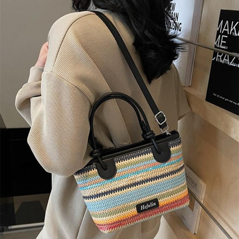 2025 New Fashion Women Summer Boho Woven Rainbow Straw Beach Handbags New Brand Trendy Vacation Tote Bag Crossbody Shoulder Bag