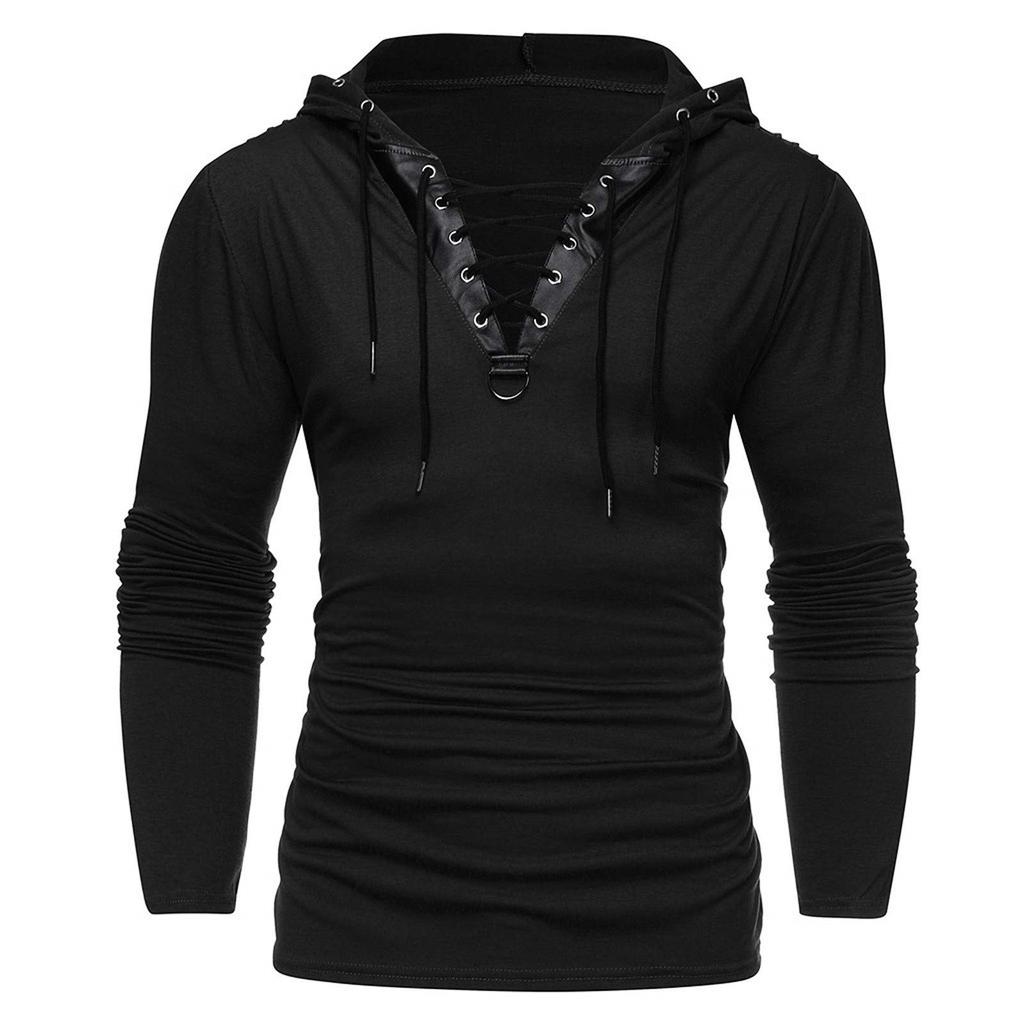 Fall And Winter Hooded Men's Leather Casual Personality Fashion Hoodie Patchwork Top Men Hooded Strap