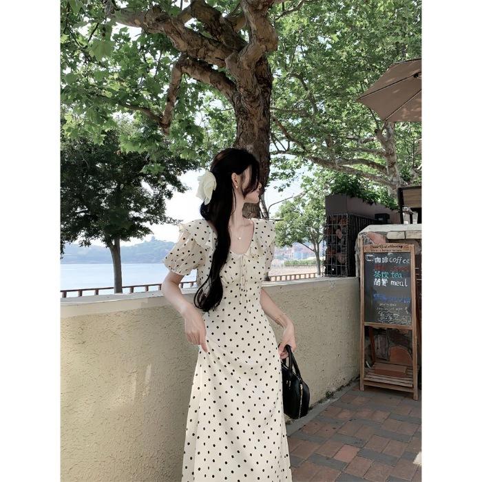 South Korea Dongdaemun Summer New Sweet Temperament Ruffle Edge Bubble Sleeve Polka Dot Dress Women's Long Dress Tide