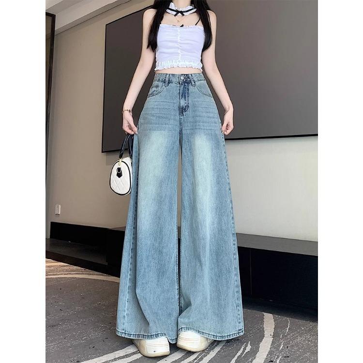 Jeans a Vita Alta da Donna Taglie Forti, Vestibilità Larga, Drappeggiati, Gamba Larga, Autunnali, Snellenti, Dritti, Lunghezza Pavimento