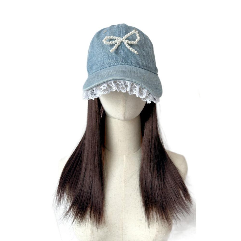 

Жемчужный бант Регулируемая джинсовая шляпа Парик Накладка для волос Длинные прямые волосы Кружевная бейсболка с париком Путешествия темно-коричневого