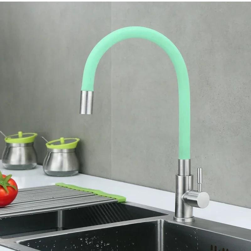 Colorful Tube Silicone Kitchen Sink Faucet Universal Single Cold Water Tap 360Degree Rotating Flexible Hose Basin Tap Deck Mount
