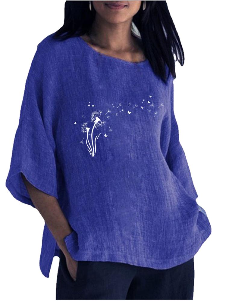 Women Fashion Cotton Linen Blouse Spring&summer 3/4 Long Sleeve Shirt Ladies Round Collar Pullover Loose Tops