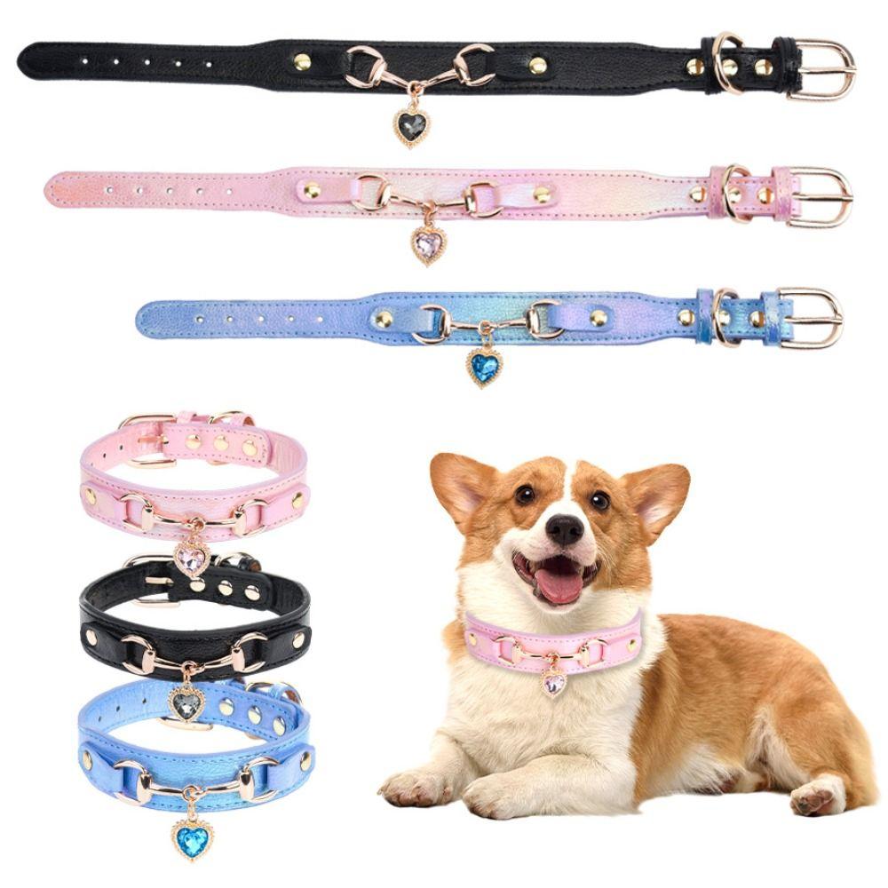 

Sparkling Rhinestone Cat&Dog Collar PU Leather Puppy Traction Necklace Pet Adjustable Collar Dog Blue / XS