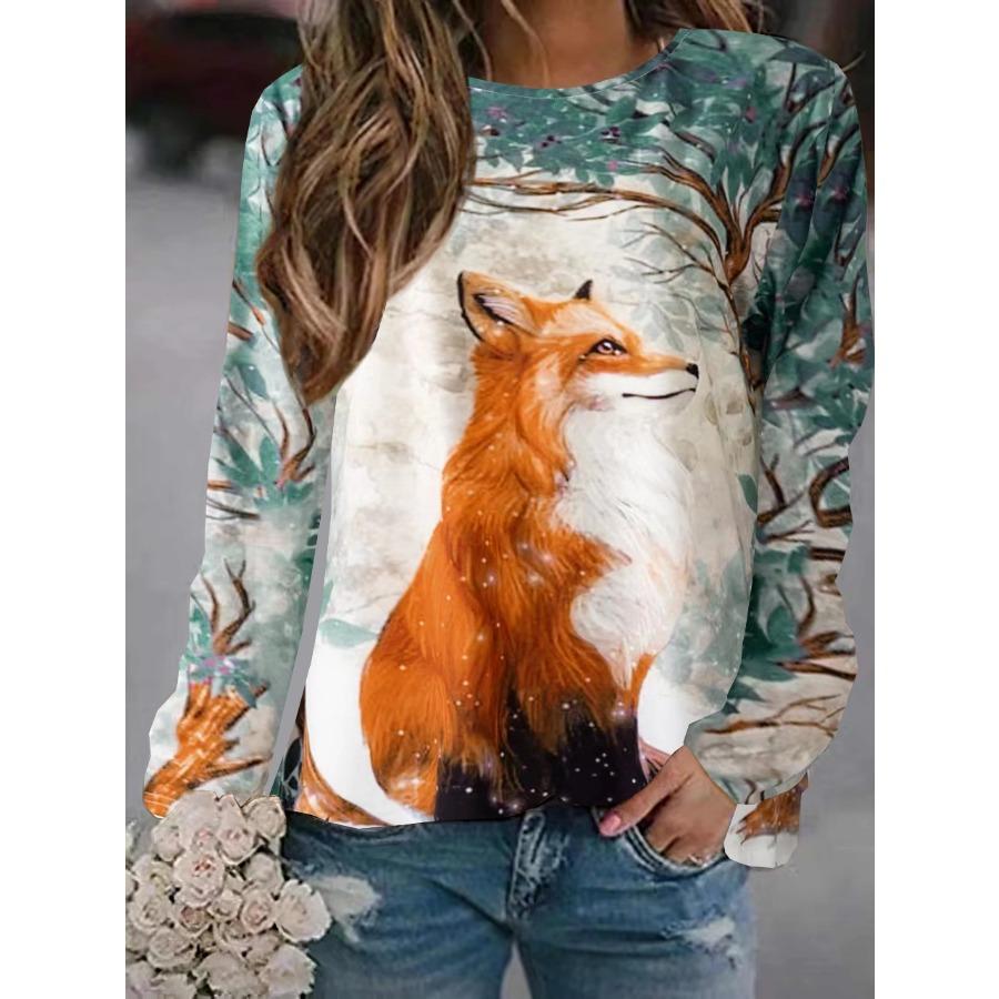 Women's 2024 Sleeves Stitching Fox Print Round Neck Long Sleeve Party Autumn Casual Pullover 3d Printing Casual Fashion Tops
