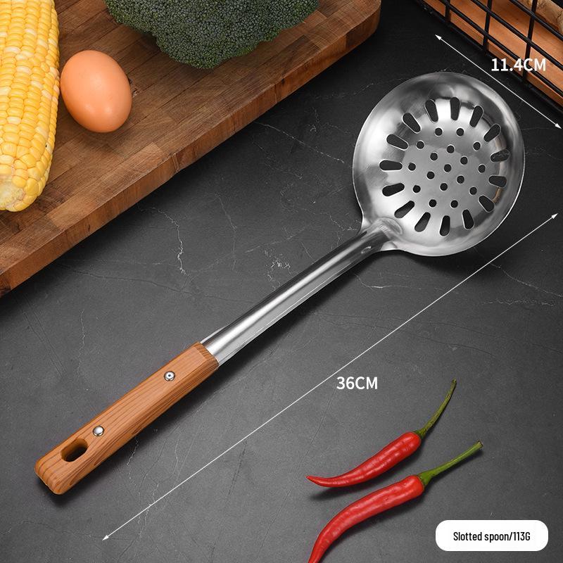 Stainless Steel Kitchen Utensil Set: Slotted Spoon, Soup Spoon, Frying Pan Spatula, Rice Spoon, Stir-fry Spatula.