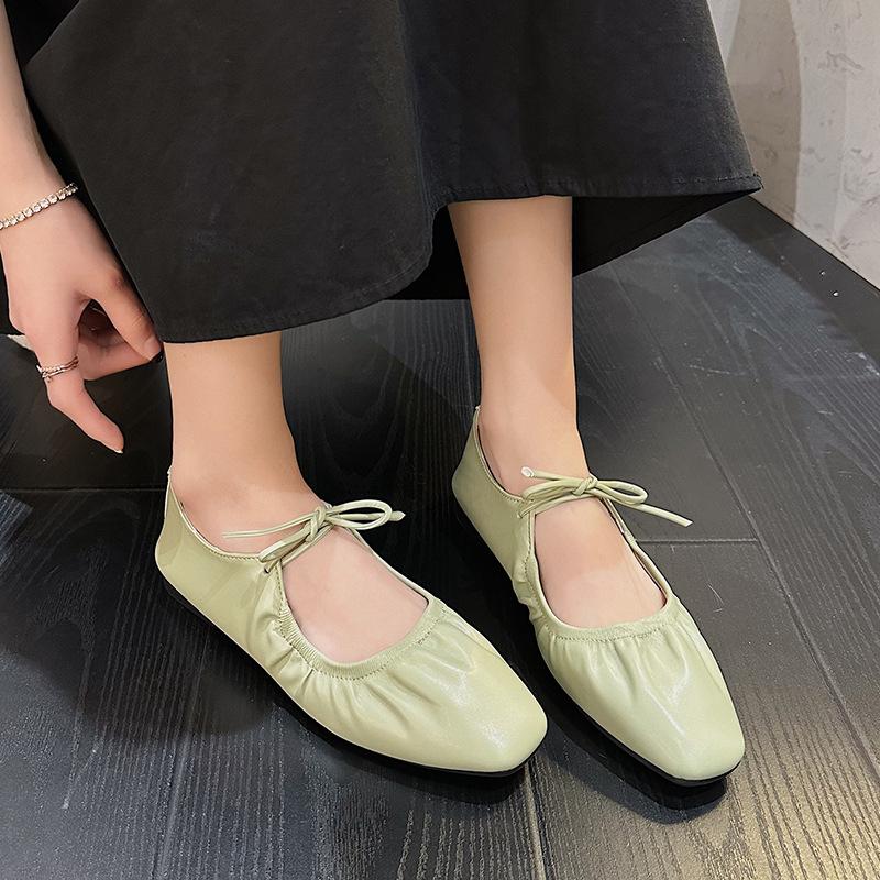 shoes women's new women's shoes spring and autumn square head shallow mouth flat bottom Doudou shoes women's lace-up Mary Jane shoes