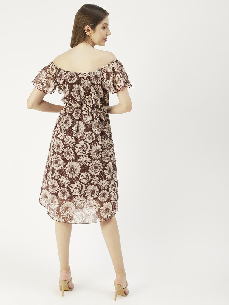 Moomaya Printed Off-Shoulder Poly Georgette Midi Dress Cinched Long Dress