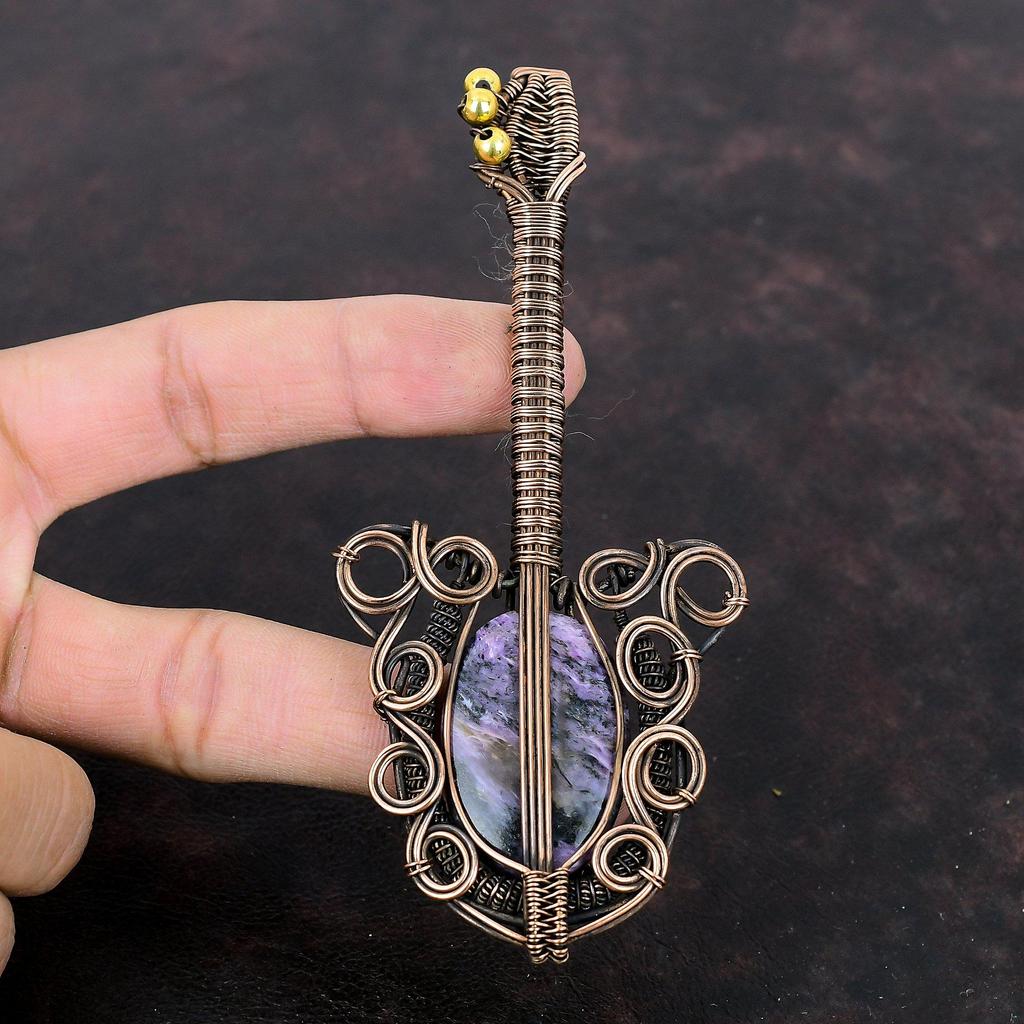 Charoite Pendant Copper Wire Wrapped Pendant Gemstone Pendant Handmade Guitar Pendant Wire Wrapping Jewelry Pendant For Gift Copper Jewelry