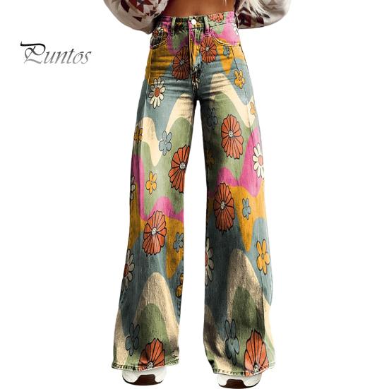 Dame Retro Casual Bukser Middels høyde Knapp Glidelåsgylf Vidt ben Lange Bukser med Lommer Digitalt Blomsterprint Fritidsbukser Streetwear