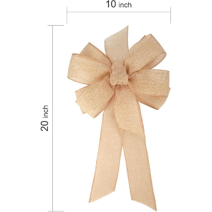 1 Pcs 10 x 20 Inch Big Bow Burlap Ribbon with Natural Jute Rustic Wreath Ribbons and Bow Use Wrapping, Party Decoration (Linen)
