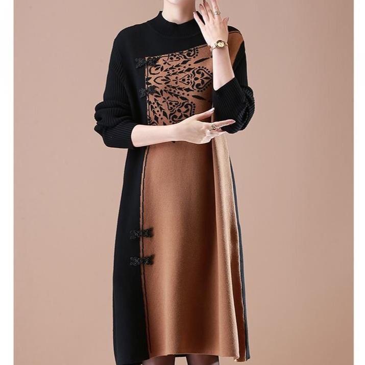 Women's Plus Size Knit Dress Autumn Winter Color-Block Loose Knit Sweater Dress Long A-Line Knit Dress