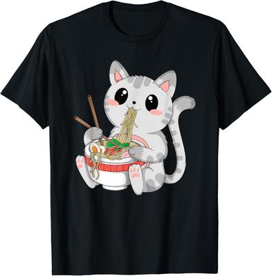 Ramen Cat Eating Noodles Kawaii Japanese Neko Anime Graphic Tee Casual Cotton T-Shirt for Men